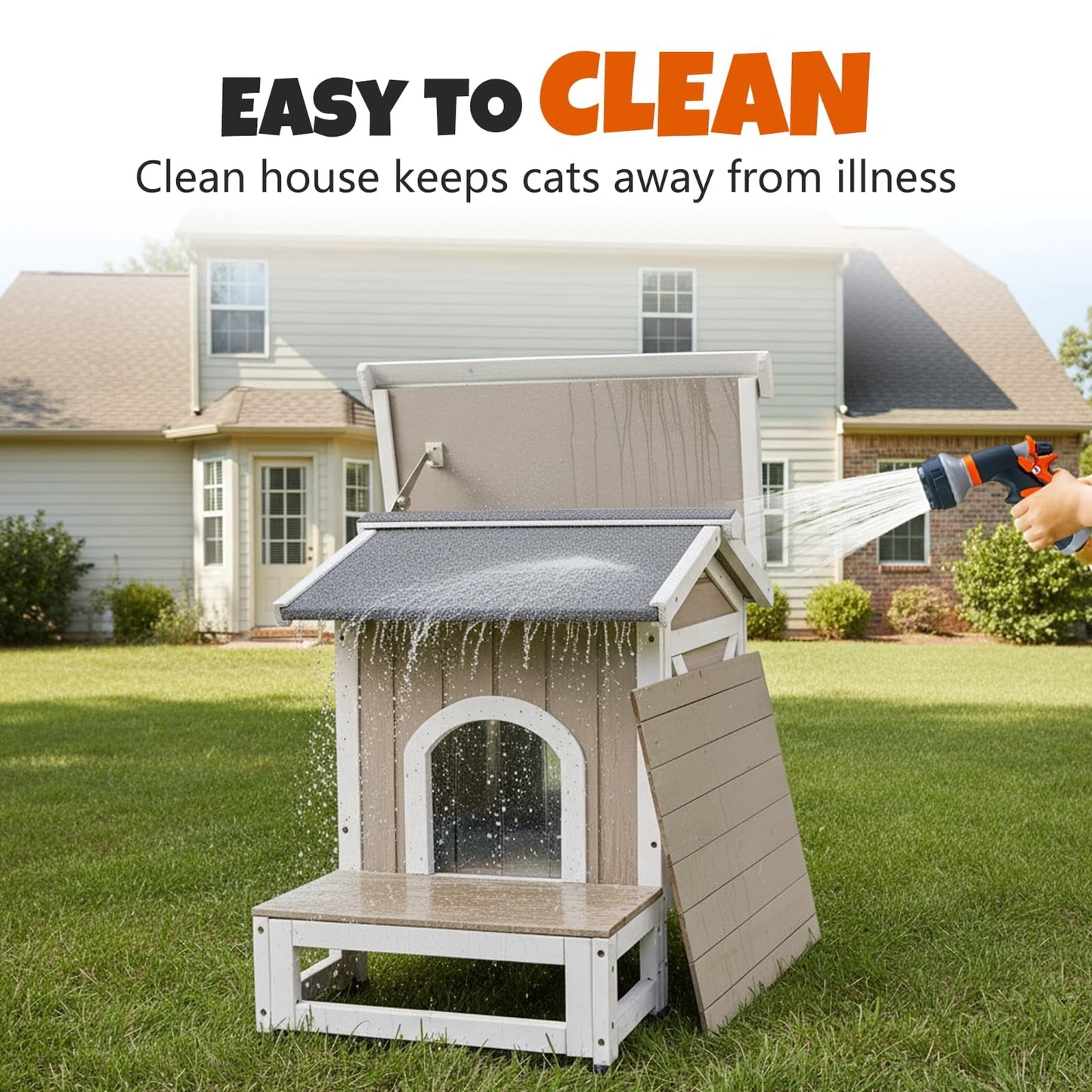 Petsblublu Small Outdoor Cat House with Openable Roof Indoor Pet Feral Cats Shelter, Gray