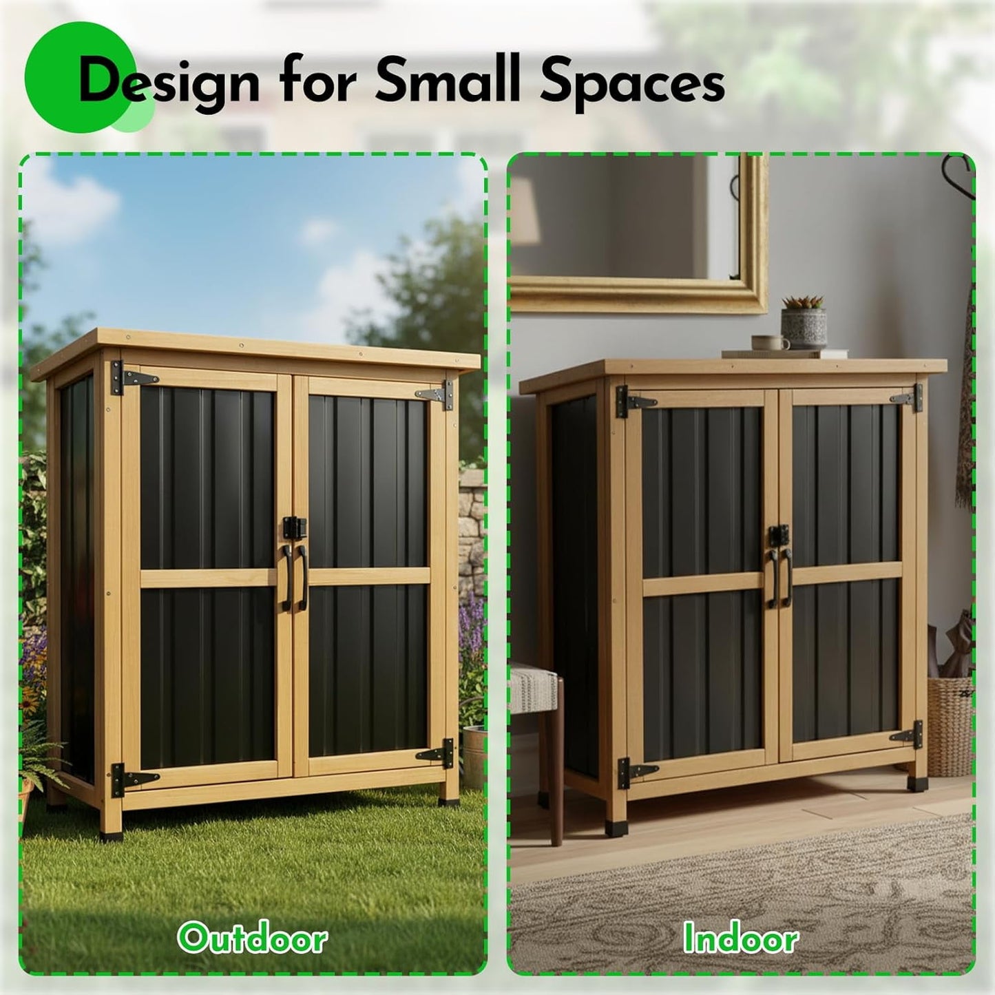Petsblublu Small Outdoor Storage Cabinet Waterproof, Wood & Metal Garden Storage Shed, with Lockable Doors & Adjustable Shelves，Brown