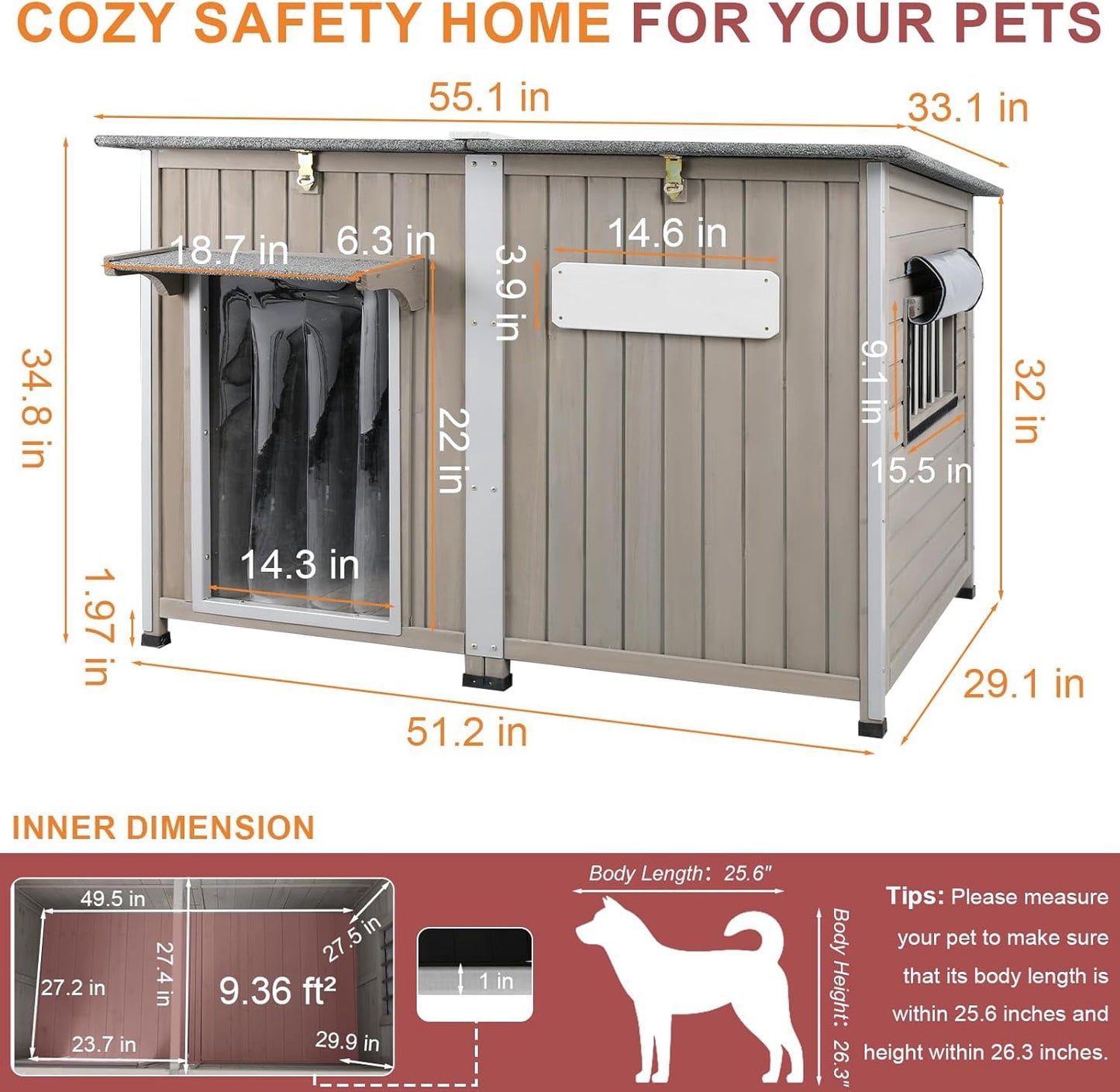 Petsblublu 50 L Large Wooden Outdoor Dog House Weatherproof Dog Kennel with Anti-Chewing Iron Frame