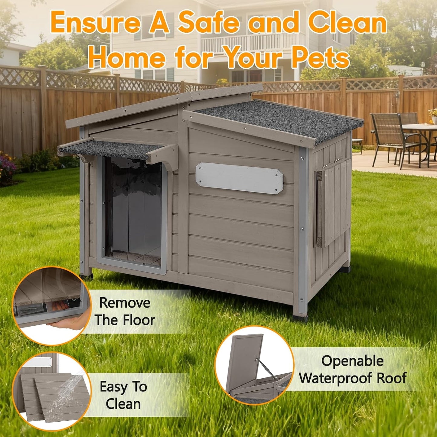Petsblublu Outdoor Weatherproof Indoor Dog House，with Openable Asphalt Roof, Anti-Chewing Iron Frame