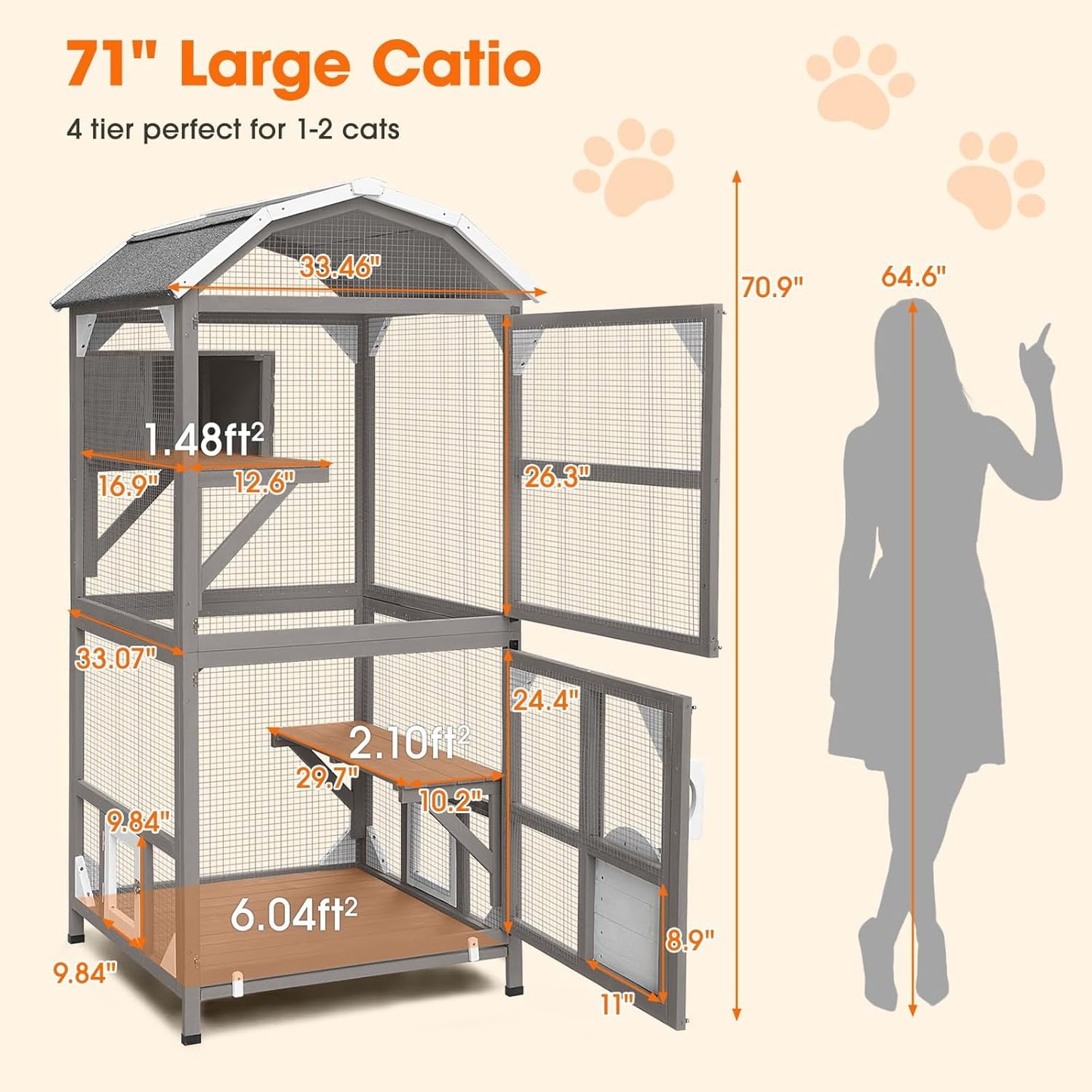 Petsblublu 71H Outdoor Cat Enclosure Wooden Cat House 4 Tiers with Removable Floor
