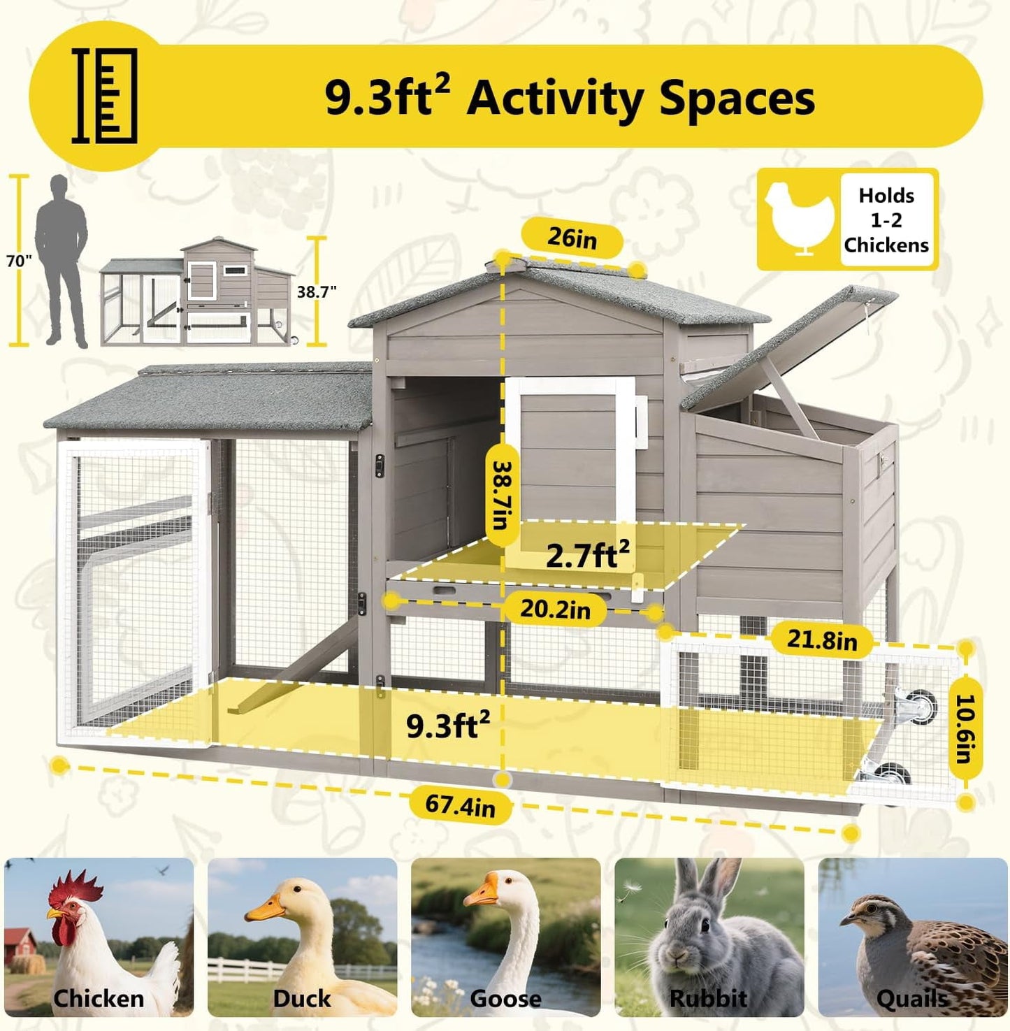 Petsblublu Chicken Coop with Nesting Box, Outdoor Poultry Cage for Backyard, Indoor Hen House with Removable Trays, Gray
