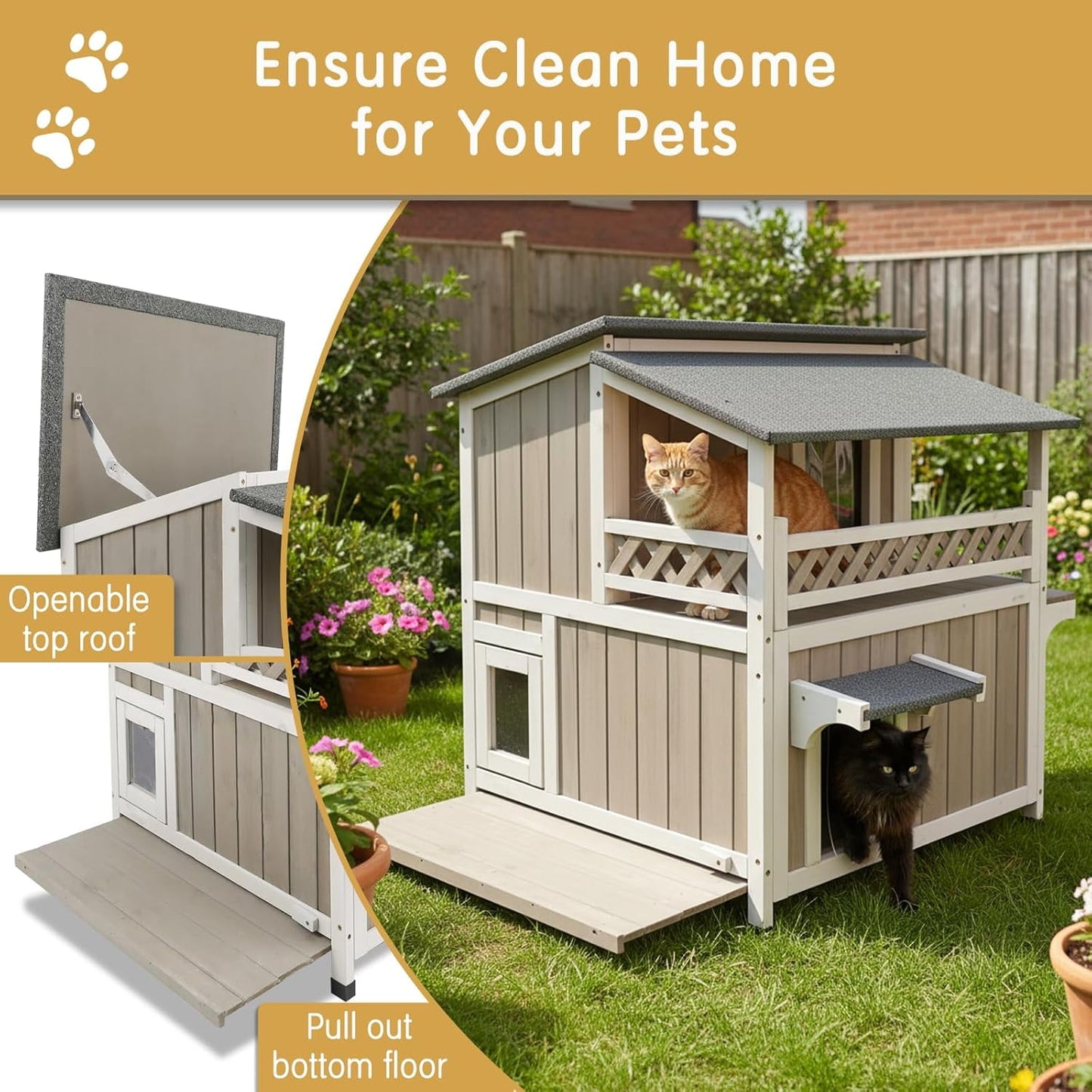 Petsblublu Outdoor Cat House 2 Story Wooden Cat Feral with Balcony Waterproof, Escape Doors