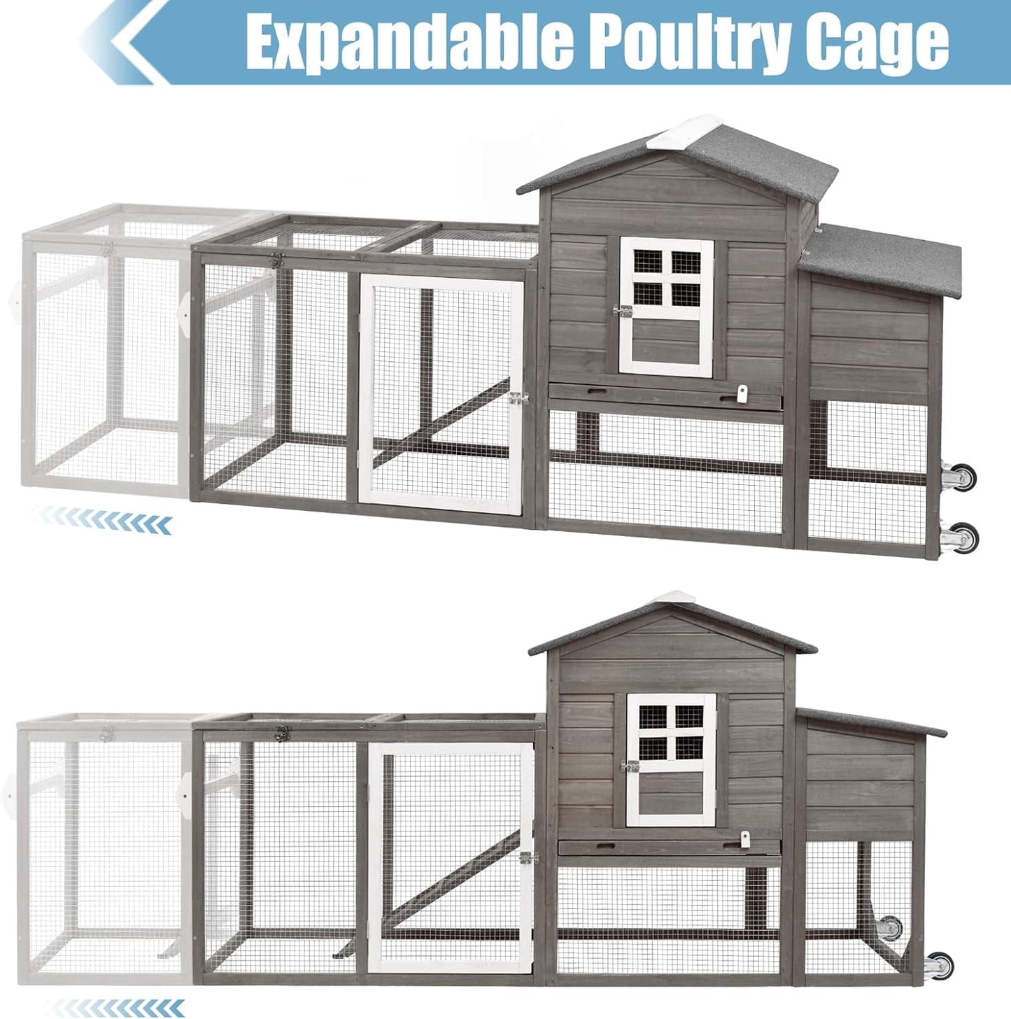 Petsblublu 79 L Chicken Coop with Run Outdoor Indoor Mobile Hen House with Nesting Boxes, Wheels, Gray