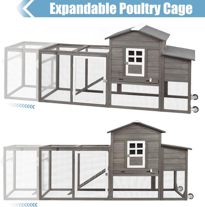 Petsblublu 79 L Chicken Coop with Run Outdoor Indoor Mobile Hen House with Nesting Boxes, Wheels, Gray