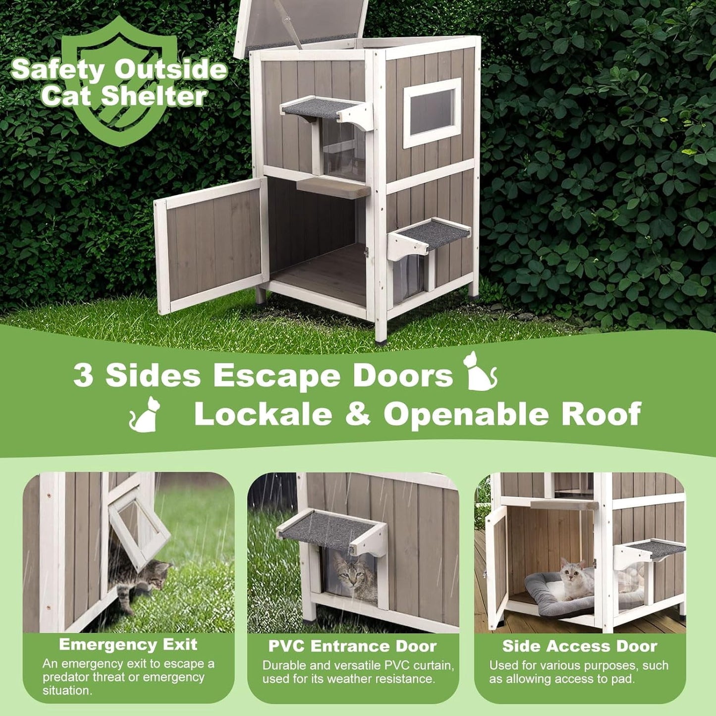 Petsblublu Outdoor Cat House Weatherproof, Two Story Wooden Feral Cat Shelter with 2 Escape Door