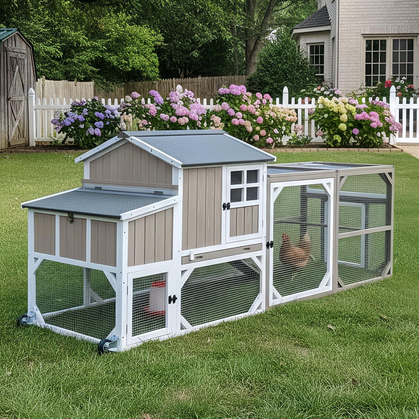 Petsblublu 95.3 L Outdoor Large Chicken Coop with Run, Chicken Tractor Hen House with 3 Nesting Boxes, Gray