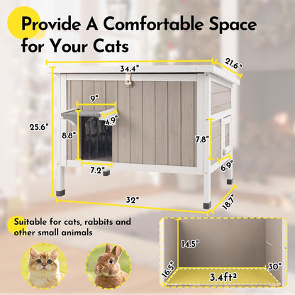 Petsblublu Insulated Outdoor Wooden Cat House Feral Cats Shelter for Winter, 34.4x21.6x25.6