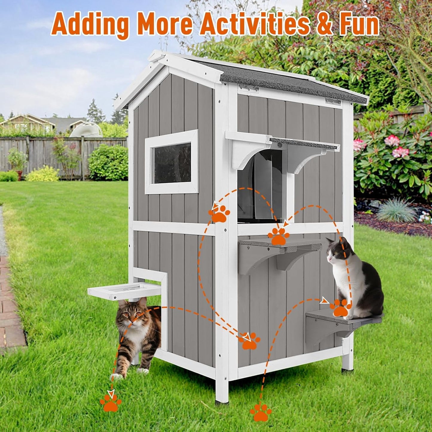 Petsblublu Insulated Outdoor Cat House 2 Story Weatherproof Elevated Outside Cat Shelter, Gray