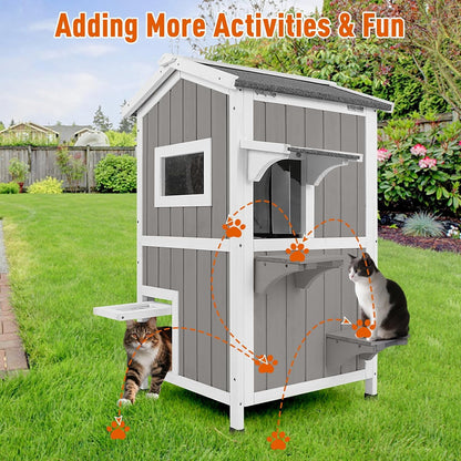 Petsblublu Insulated Outdoor Cat House 2 Story Weatherproof Elevated Outside Cat Shelter, Gray