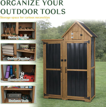 Petsblublu Outdoor Storage Cabinet Weatherproof with 3 Adjustable Shelves,Outside Garden Tool Sheds, Brown