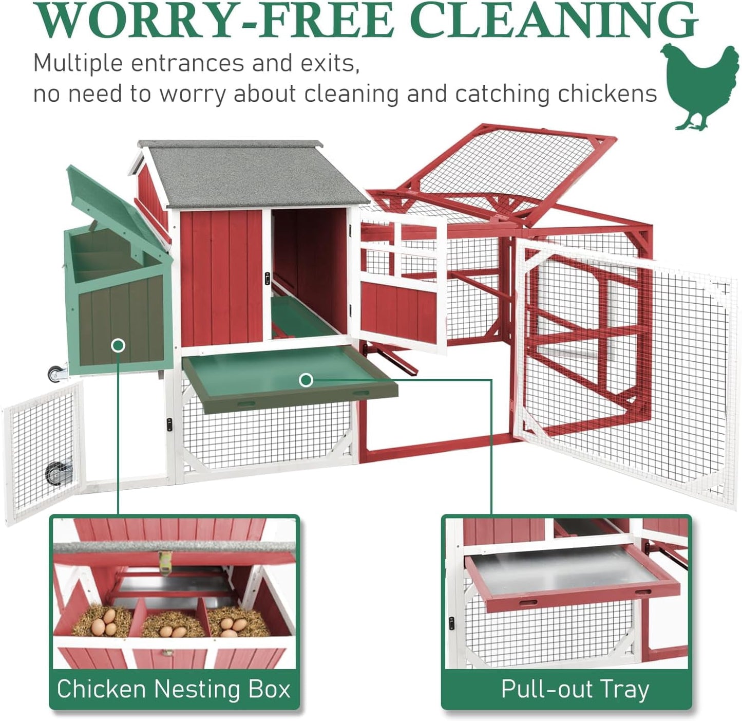Petsblublu 95.3 L Outdoor Large Chicken Coop with Run, Chicken Tractor Hen House with 3 Nesting Boxes, Red