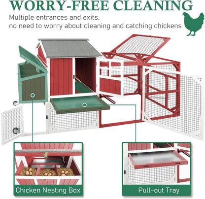 Petsblublu 95.3 L Outdoor Large Chicken Coop with Run, Chicken Tractor Hen House with 3 Nesting Boxes, Red