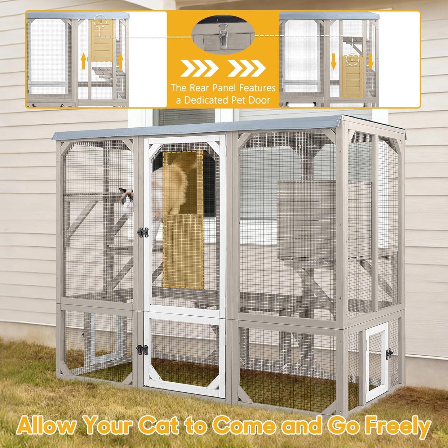 Petsblublu Large Catio Outdoor Cat Enclosure, Wooden Cat House with Removable Weatherproof Cover, 4 Platforms
