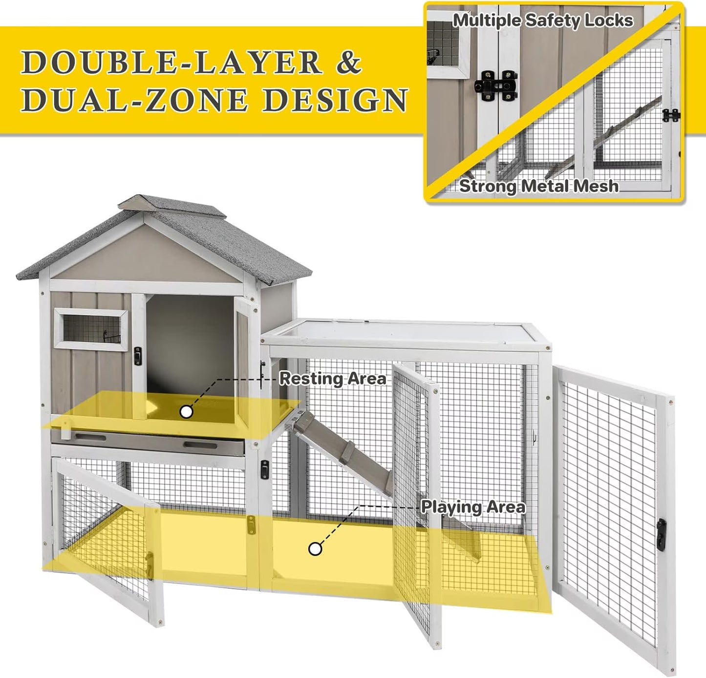 Petsblublu 47''L Rabbit Hutch Outdoor Wooden Indoor 2 Story Bunny House with Waterproof Roof