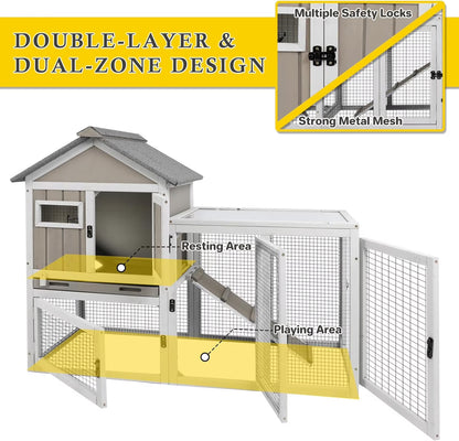 Petsblublu 47''L Rabbit Hutch Outdoor Wooden Indoor 2 Story Bunny House with Waterproof Roof