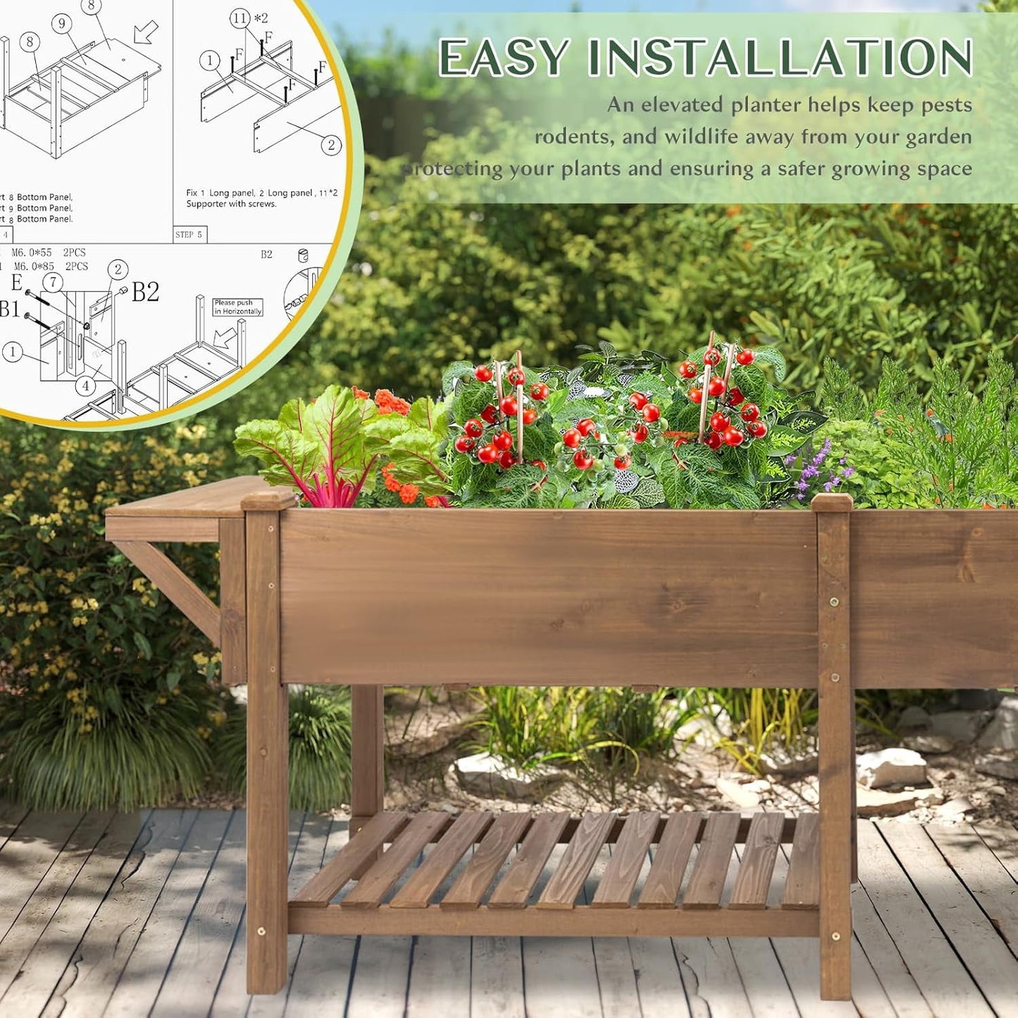 Petsblublu 80x23x30in Raised Garden Bed, Elevated Wood Planter w/ Extra table, Shelf, Liner - Brown