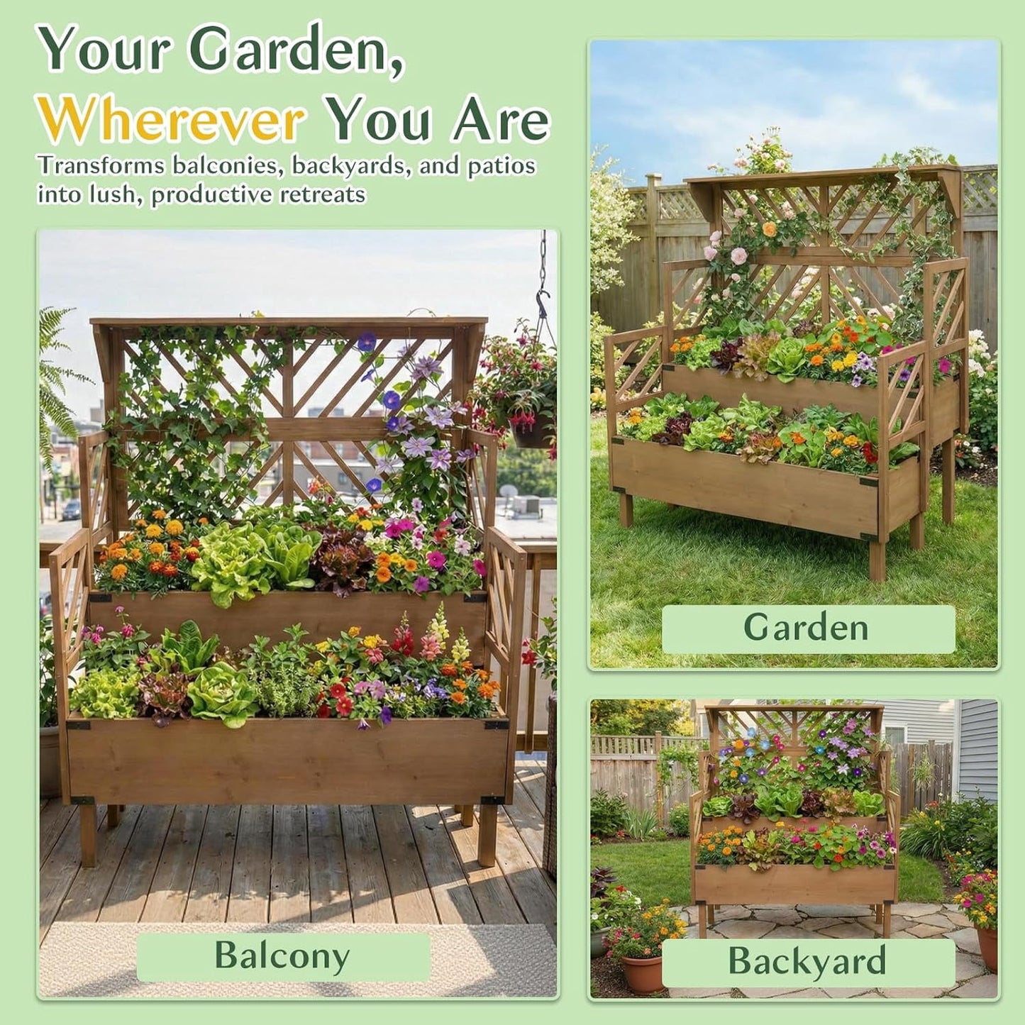 Petsblublu Raised Garden Bed Outdoor with Lattice Trellis, Flower Plant Stand with Two Planting Areas