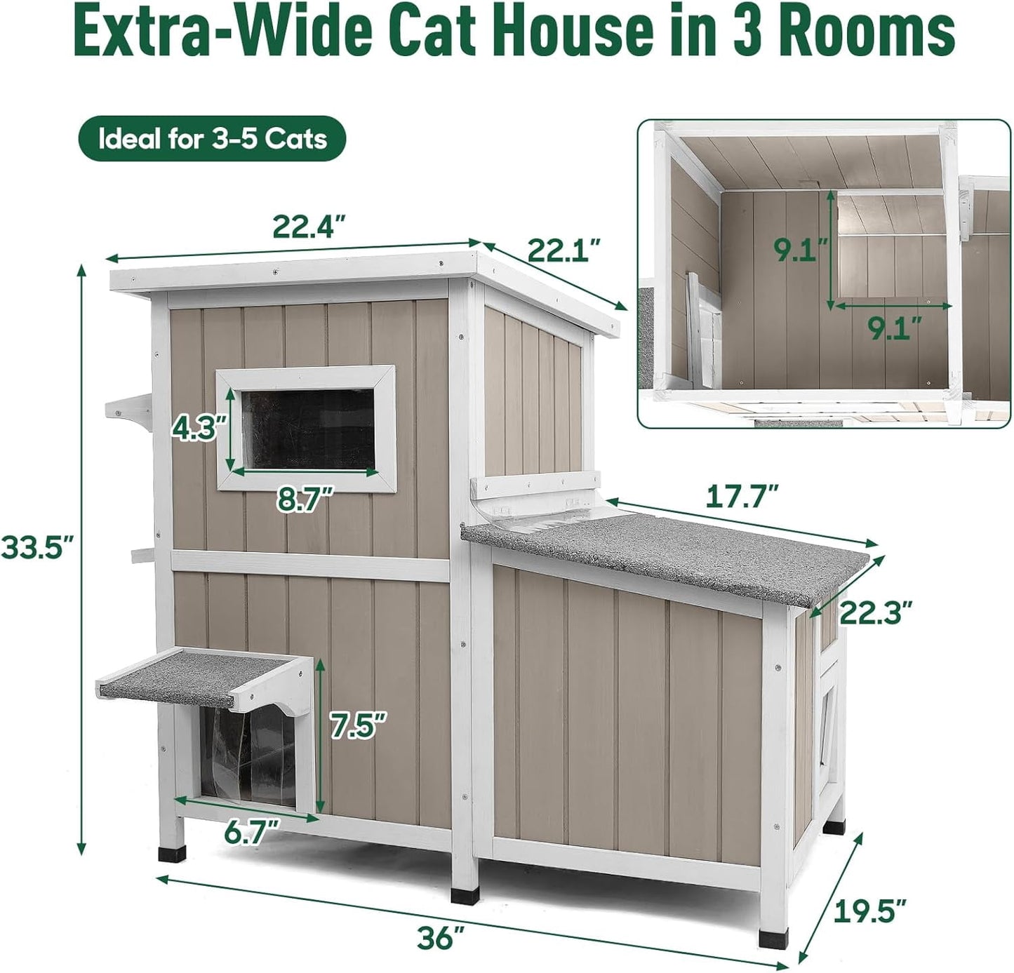 Petsblublu 2-Story Large Cat House Outdoor Feral Cat Shelter with 3 Escape Doors