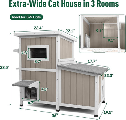 Petsblublu 2-Story Large Cat House Outdoor Feral Cat Shelter with 3 Escape Doors