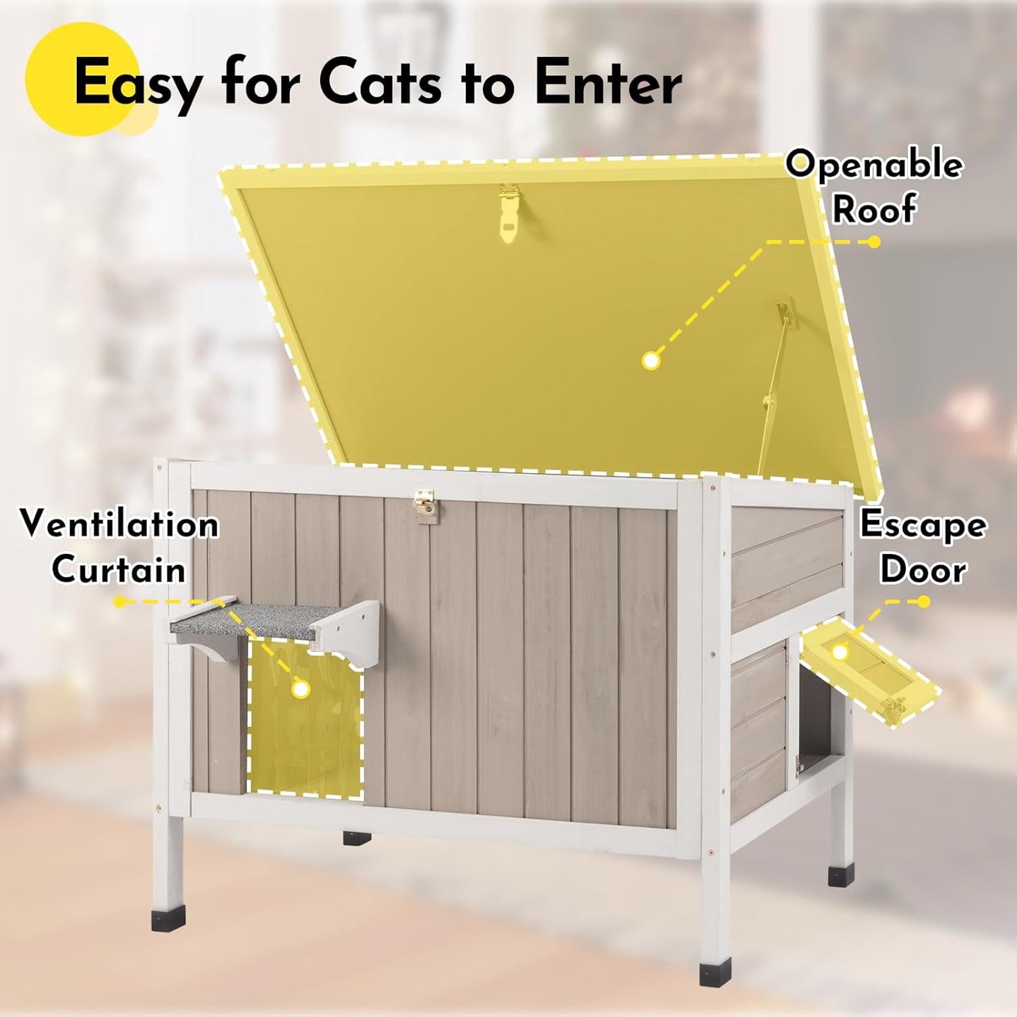 Petsblublu Insulated Outdoor Wooden Cat House Feral Cats Shelter for Winter, 34.4x21.6x25.6