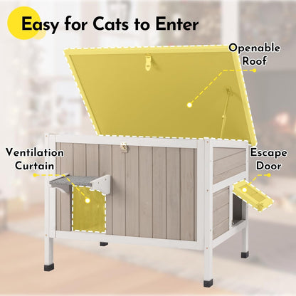 Petsblublu Insulated Outdoor Wooden Cat House Feral Cats Shelter for Winter, 34.4x21.6x25.6