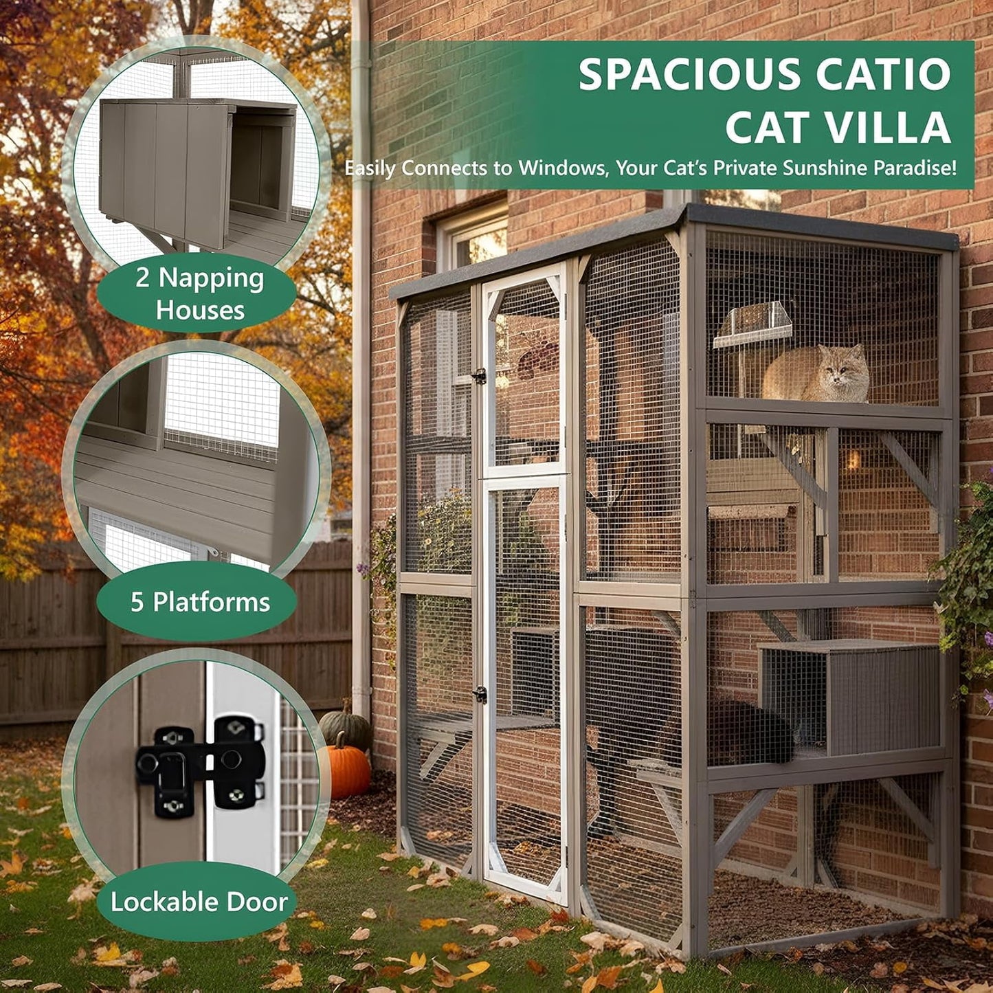 Petsblublu Large Outdoor Cat Catio Enclosures, Wooden Catio Window Cat Patio for Cats Feral with 5 Platforms