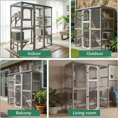 Petsblublu Large Outdoor Cat Catio Enclosures, Wooden Catio Window Cat Patio for Cats Feral with 5 Platforms