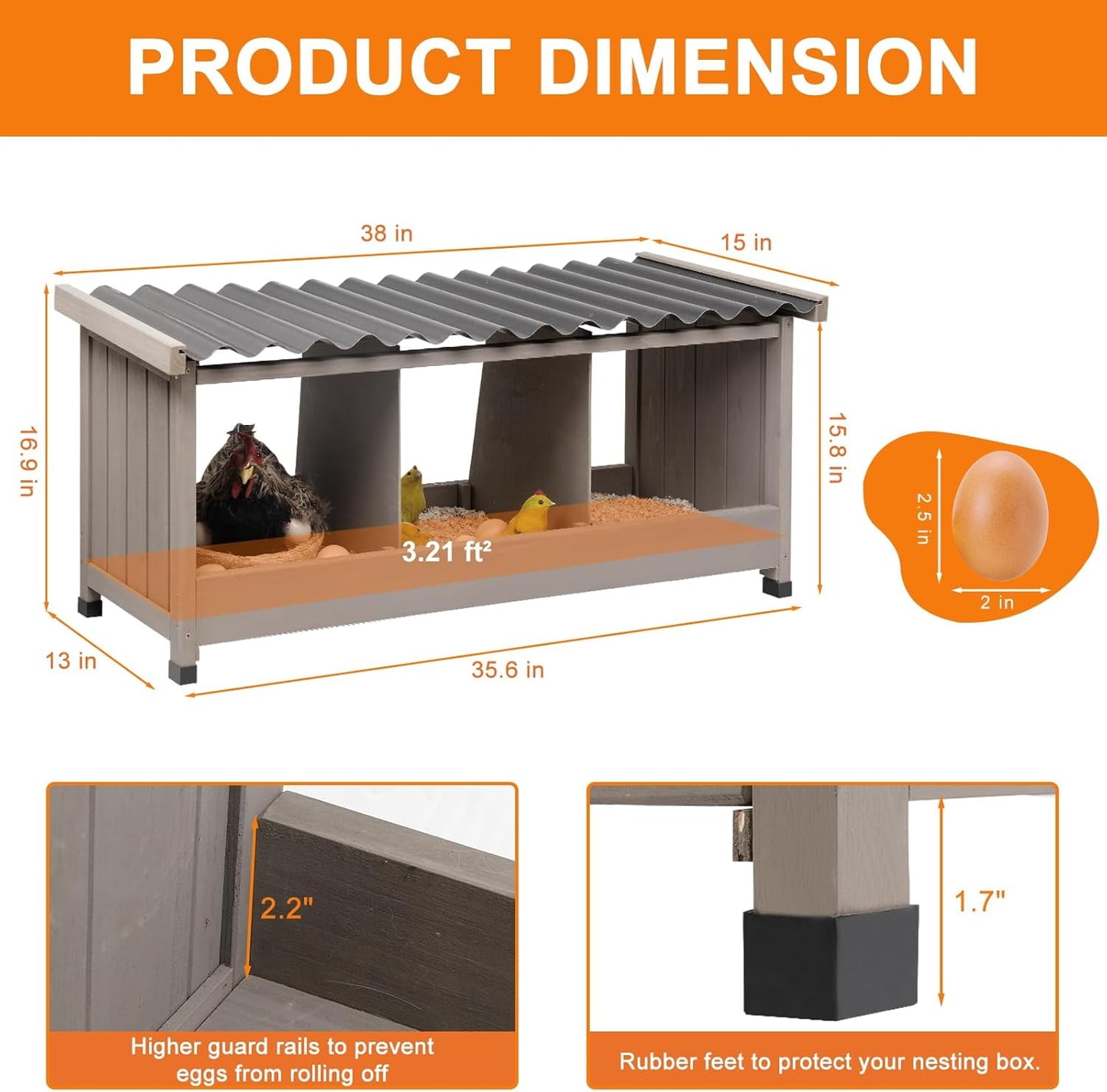 Petsblublu Wooden Chicken Coop Nesting Boxes for Chickens with PVC Roof