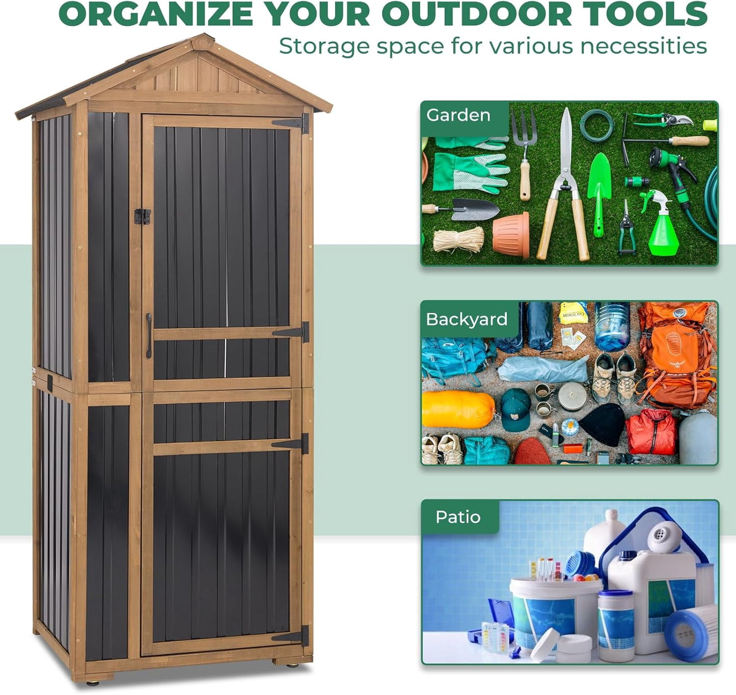 Petsblublu Large Outdoor Storage Cabinet with 4 Shelves, Wood Outdoor Storage Shed with Weatherproof Roof