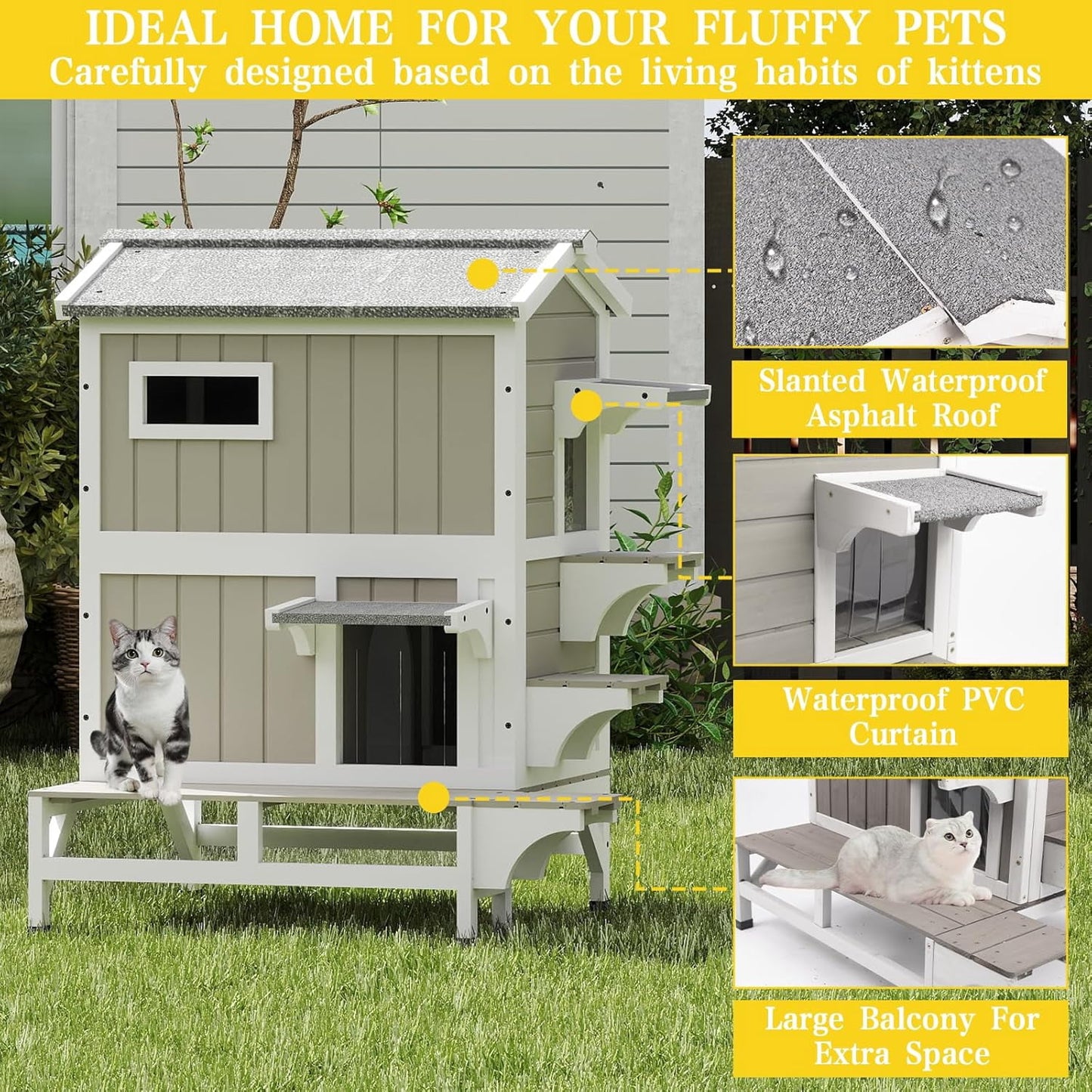 Petsblublu Outdoor Wooden Two Story Cat House Weatherproof with 3 Jumping Platforms, Grey