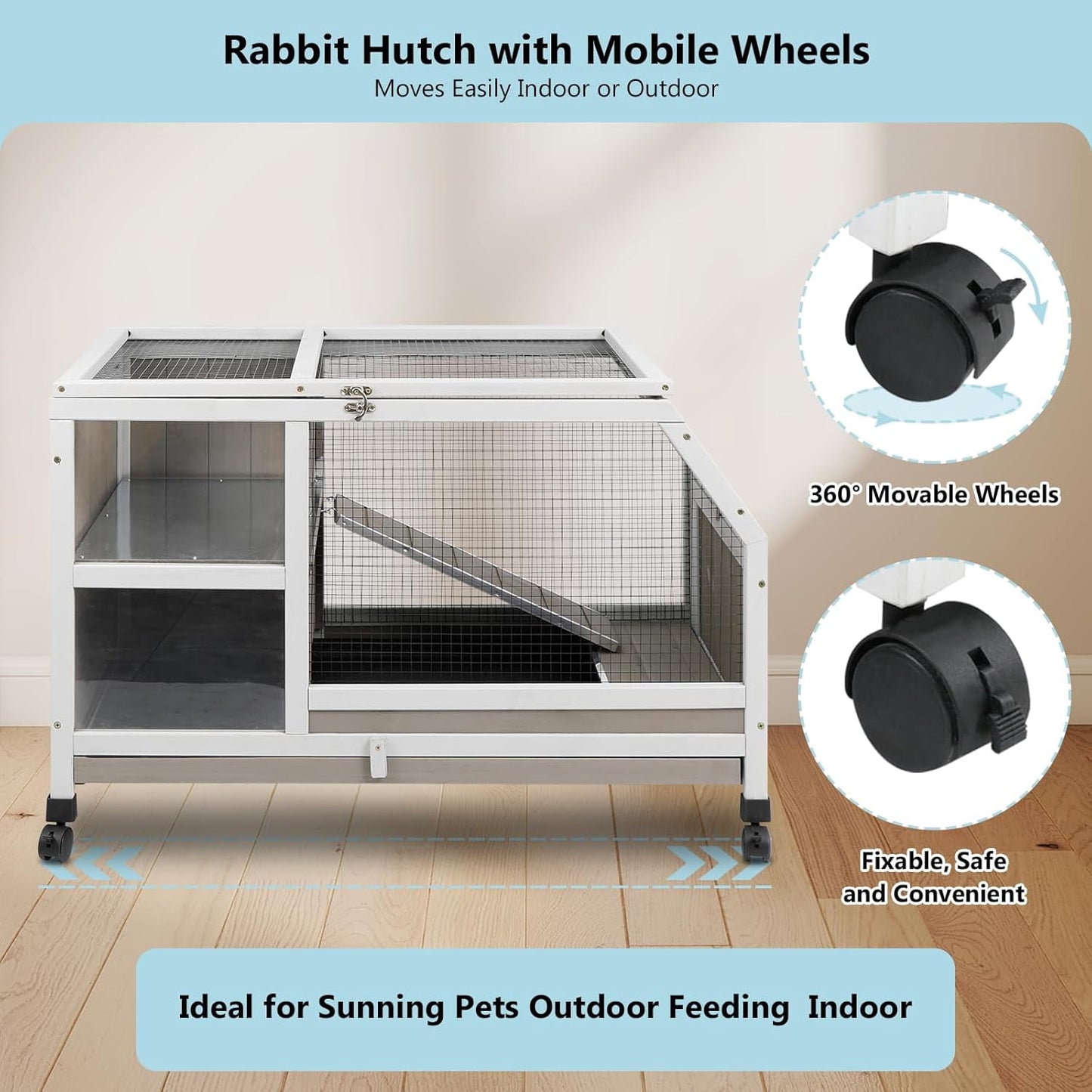 Petsblublu Outdoor Rabbit Hutch, Indoor Wooden Bunny Cage with Wheels