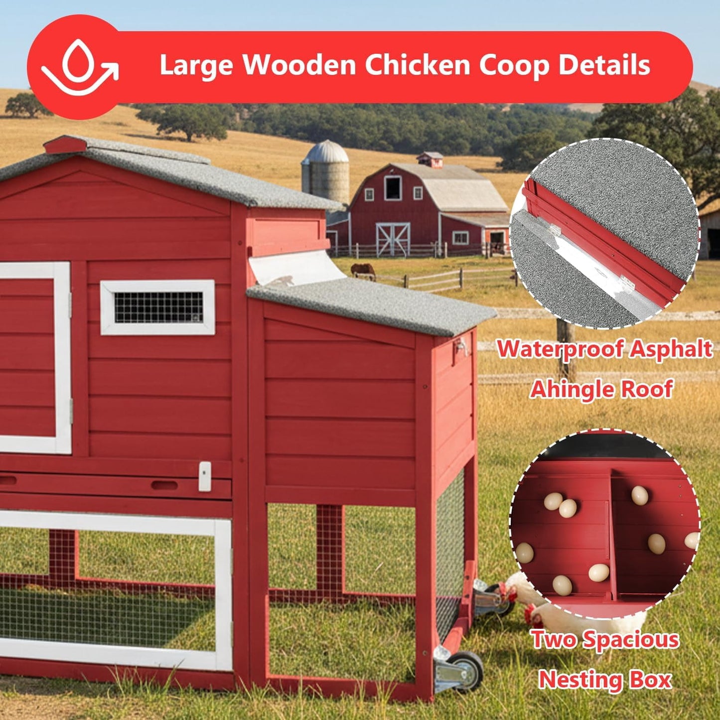 Petsblublu Chicken Coop with Nesting Box, Outdoor Poultry Cage for Backyard, Indoor Hen House with Removable Trays, Red