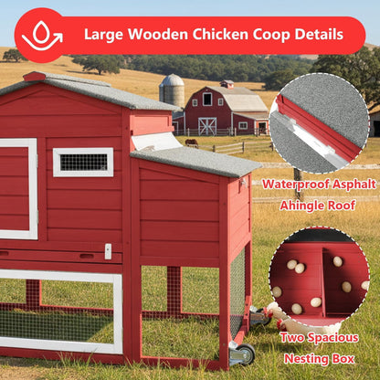 Petsblublu Chicken Coop with Nesting Box, Outdoor Poultry Cage for Backyard, Indoor Hen House with Removable Trays, Red