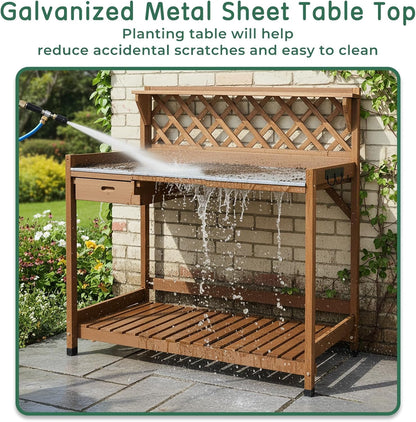 Petsblublu Outdoor Potting Bench Table Work Bench with Drawer Natural Wood Garden with Bottom Shelf