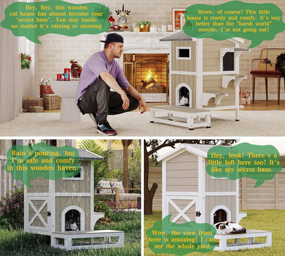 Petsblublu Outdoor Weatherproof Cat House Two Story Cats Shelter with Jumping Platforms