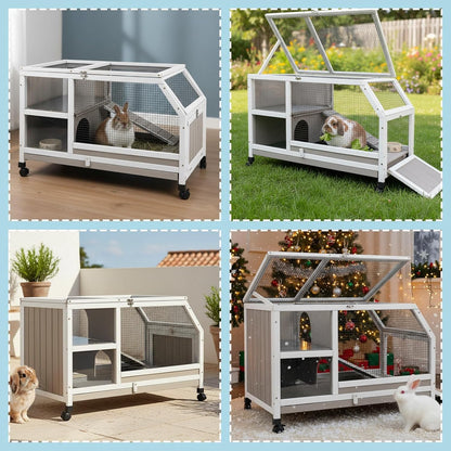 Petsblublu Outdoor Rabbit Hutch, Indoor Wooden Bunny Cage with Wheels