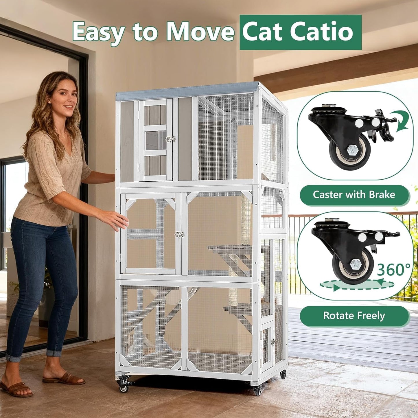 Petsblublu Outdoor Cat Enclosure with Wheels, Window Catio Large Cat House with 3 Platforms