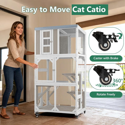 Petsblublu Outdoor Cat Enclosure with Wheels, Window Catio Large Cat House with 3 Platforms