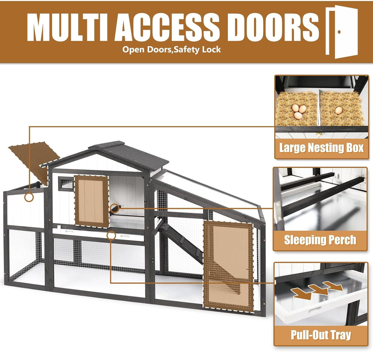 Petsblublu 65“L Outdoor Chicken Coop and Run, 2 Story Backyard Hen House with Nesting Box,Removable Tray,Ramp