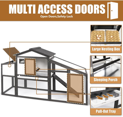 Petsblublu 65“L Outdoor Chicken Coop and Run, 2 Story Backyard Hen House with Nesting Box,Removable Tray,Ramp