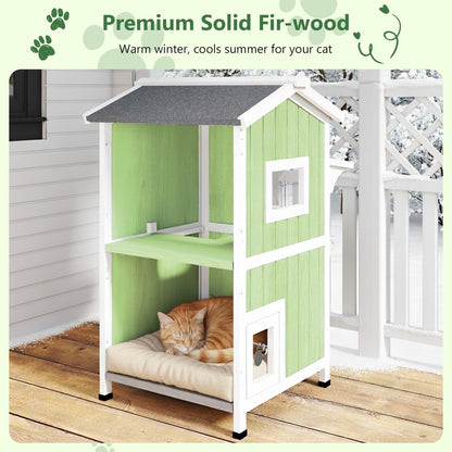 Petsblublu Outdoor Cat Shelter Weatherproof,Two Story Wooden Outside Feral Cat House with Openable Roof, Green