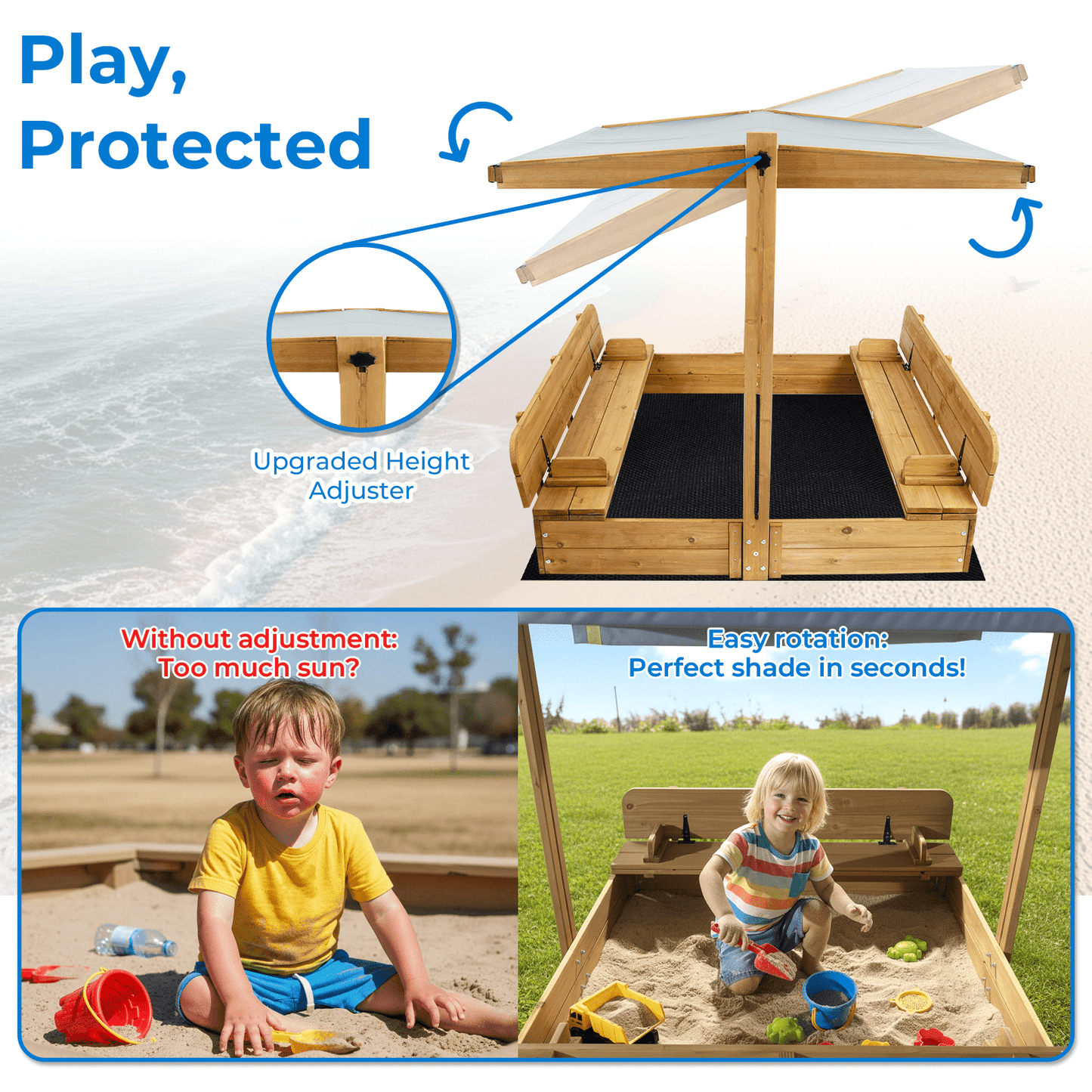 Sandbox with  UV-Resistant Canopy, Foldable Bench Seats and Liner for Kids, Solid Wood, 47x47in