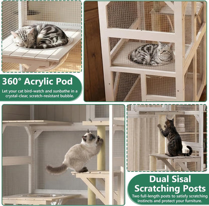 Petsblublu Outdoor Cat Enclosure with Wheels, Window Catio Large Cat House with 3 Platforms