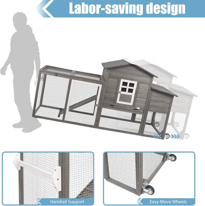 Petsblublu 79 L Chicken Coop with Run Outdoor Indoor Mobile Hen House with Nesting Boxes, Wheels, Gray