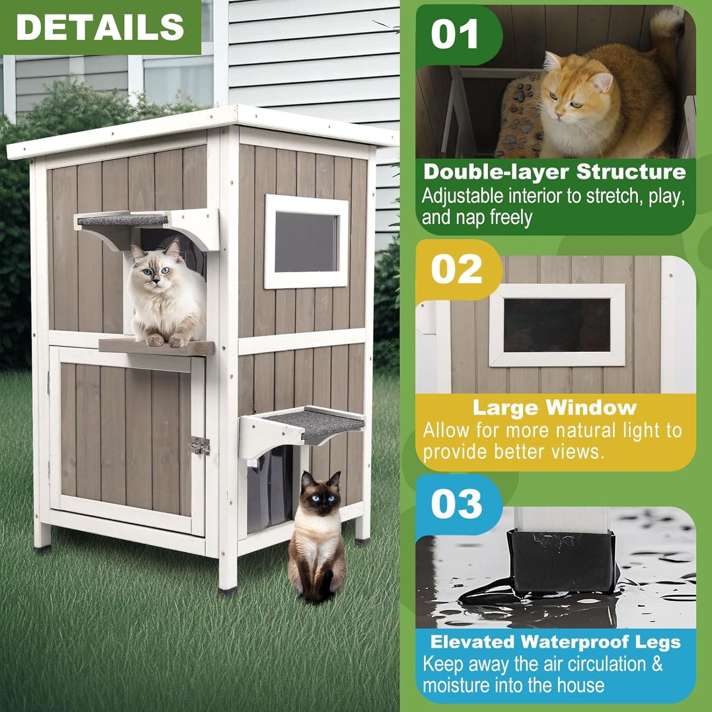Petsblublu Outdoor Cat House Weatherproof, Two Story Wooden Feral Cat Shelter with 2 Escape Door