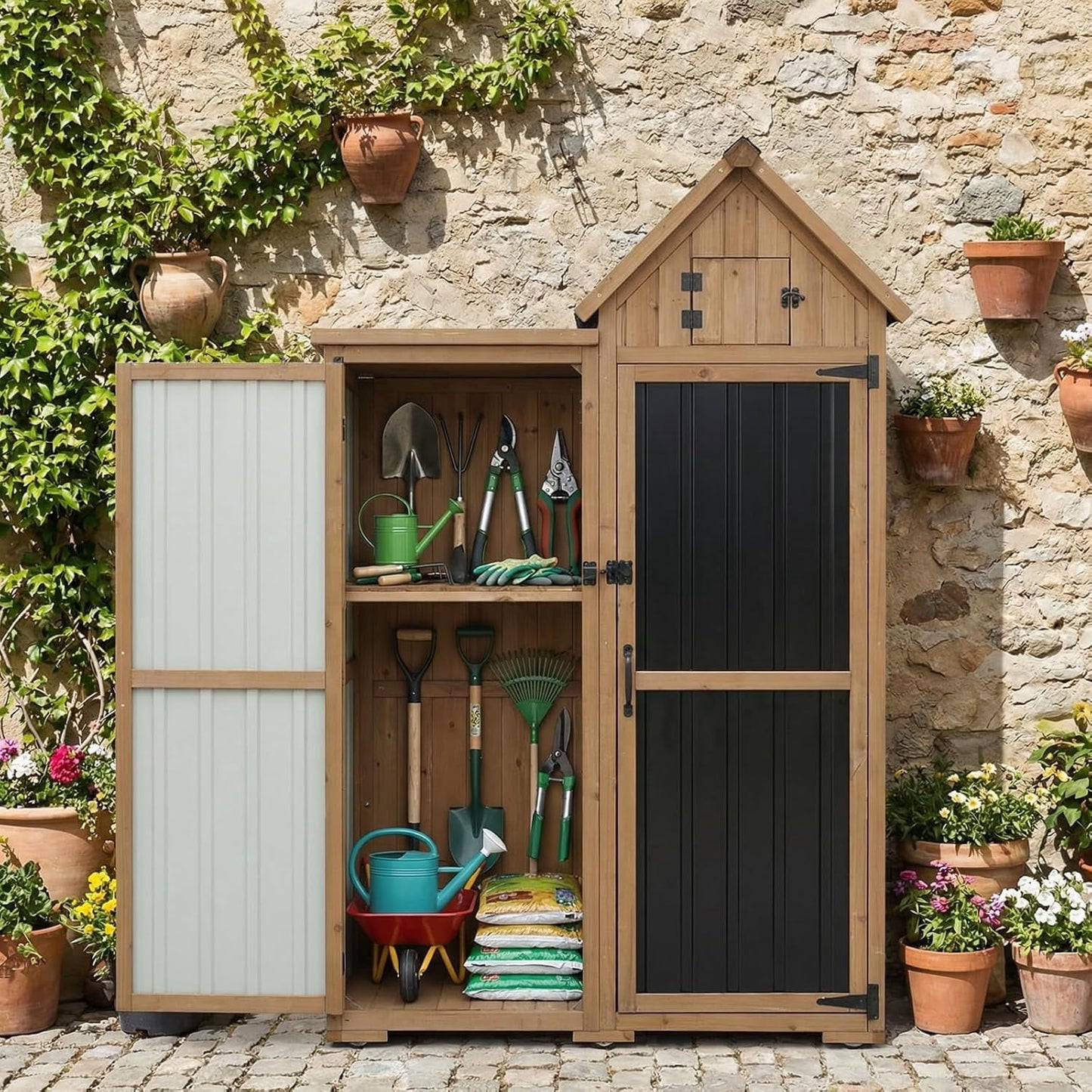 Petsblublu Outdoor Storage Cabinet Weatherproof with 3 Adjustable Shelves,Outside Garden Tool Sheds, Brown
