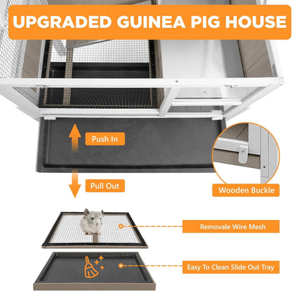 Petsblublu 2-Story Outdoor Indoor Guinea Pig Cages, Wooden Rabbit Hutch with 4 Detachable Legs, Leakage Pull-Out Tray