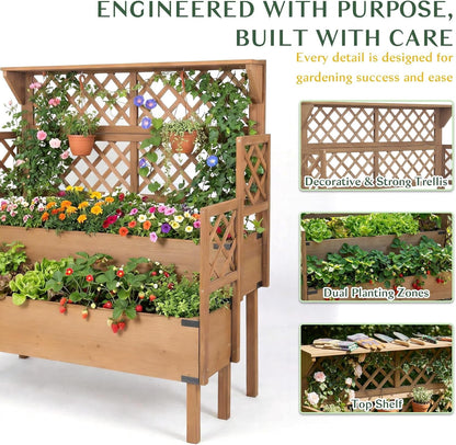 Petsblublu Raised Garden Bed with Trellis, Elevated Flower Plant Stand for Gardening