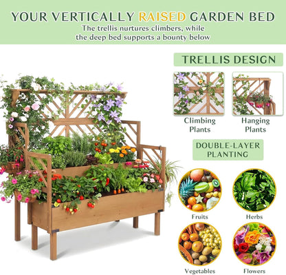 Petsblublu Raised Garden Bed Outdoor with Lattice Trellis, Flower Plant Stand with Two Planting Areas